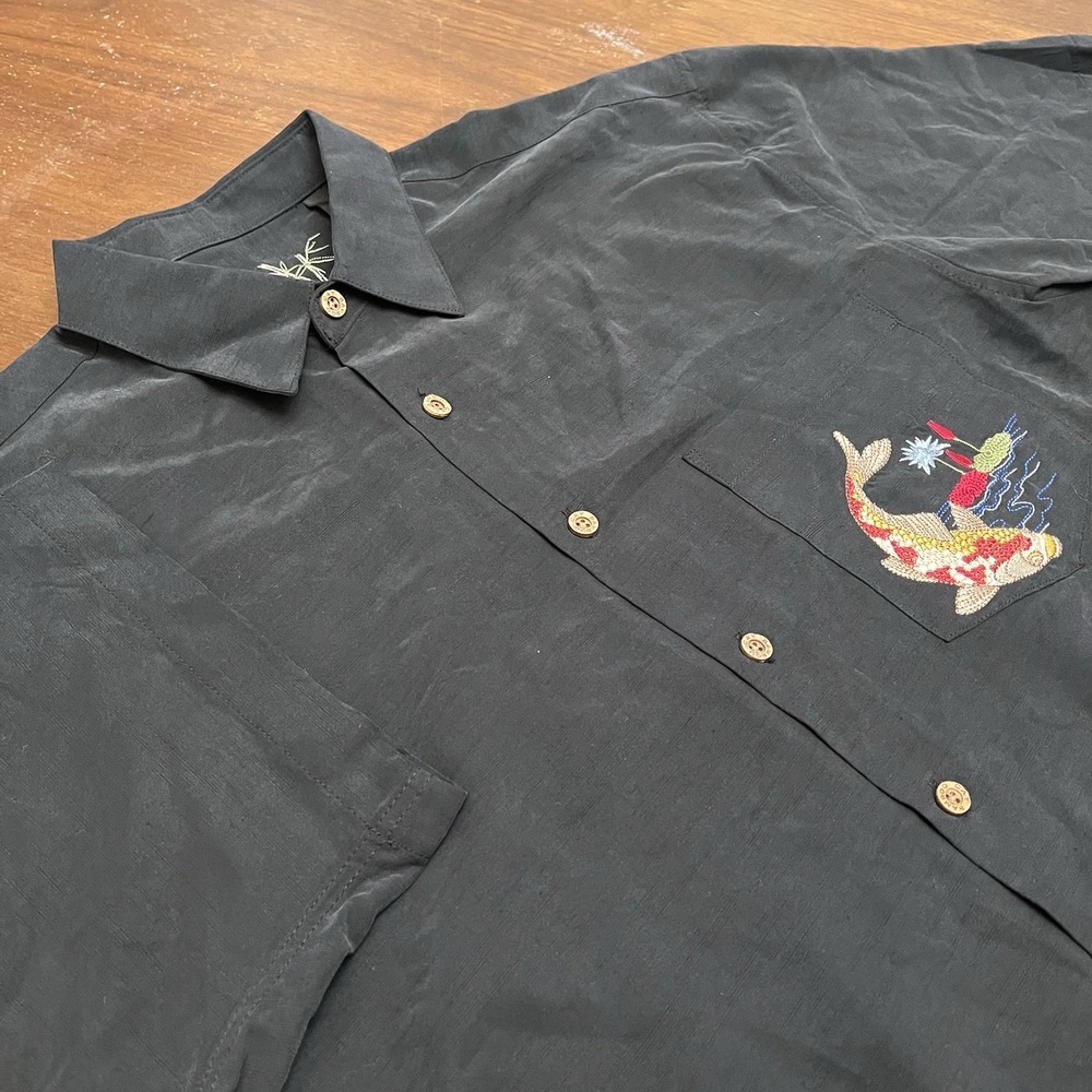 Bamboo Cay Embroidered Koi Fish Aloha Camp Shirt Black Men's M